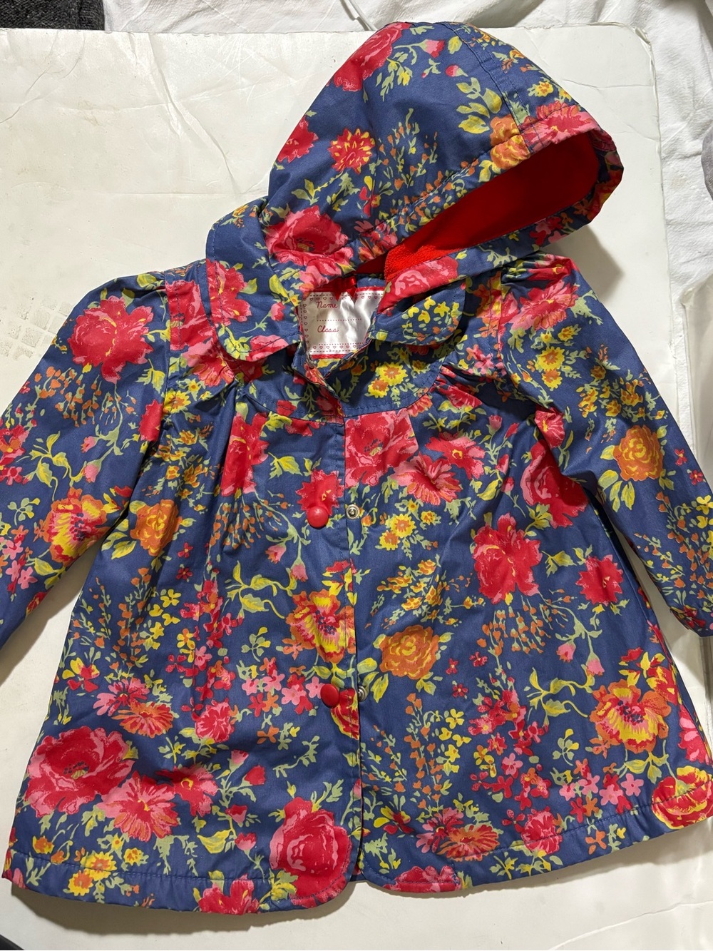 Toddler blue red Floral Hooded Raincoat with Red Accents